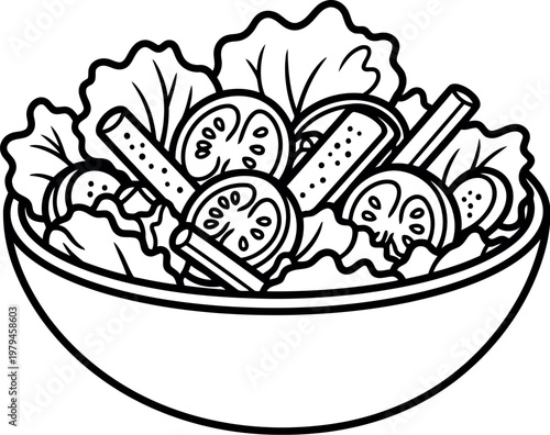A simple black and white line art illustration of a fresh vegetable salad in a round bowl