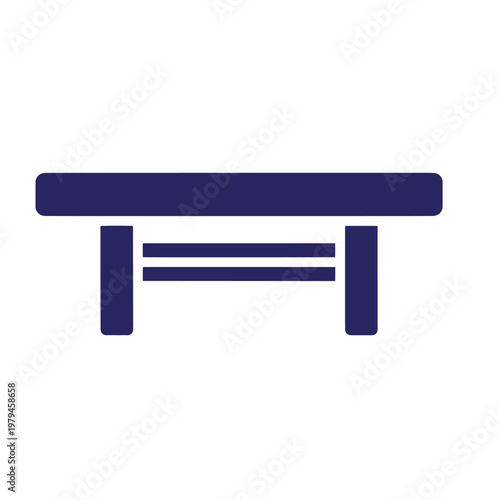 Minimalist dark blue of a simple wooden bench with a flat rectangular seat and two vertical legs connected by a horizontal support bar, isolated on a white background
