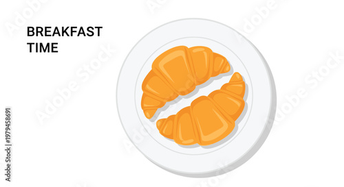 Two golden croissants served on a white plate with breakfast time text overhead perfect for bakery menus or cafe promotion graphics.
