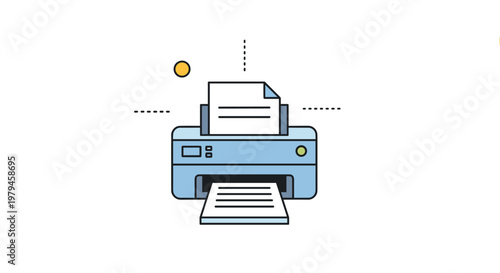 Modern office printer produces a paper document with a clean minimalist design and simple geometric background.