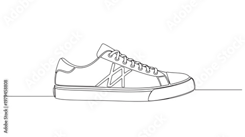 Sneaker shoe line drawing with laces, tongue eyelets, and geometric logo stripe on a simple white background