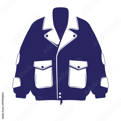 Dark blue and white jacket with collar and pockets, front view navy blue
