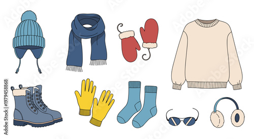 Essential winter clothing collection includes a warm hat, scarf, mittens, sweater, boots, and earmuffs for cold weather.