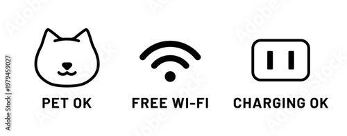 カフェやコワーキングスペース向けのサービスアイコンセット。ペット同伴可、フリーWi-Fi完備、充電可能（コンセント利用可）を示すシンプルでモダンな線画ベクターイラスト。店舗のウェブサイトや案内看板、SNS投稿の素材に最適。