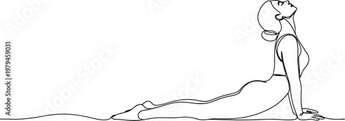 Minimalist continuous line drawing of a woman performing the cobra yoga pose on a white background