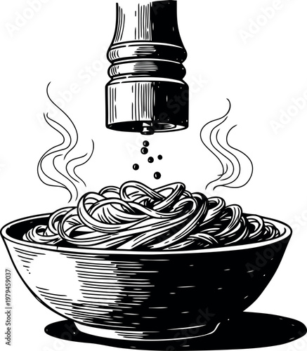 Black and white line art illustration of a pepper mill seasoning a hot bowl of fresh pasta noodles