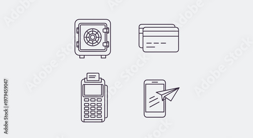 Secure financial transaction icons including a bank safe, credit cards, payment terminal, and mobile money transfer symbols.