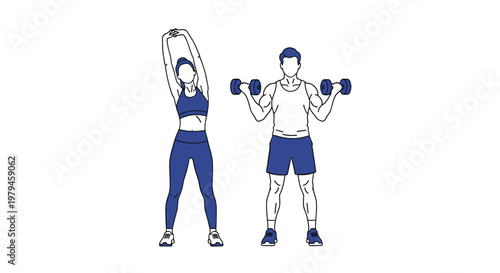 Athletic man and woman practicing fitness routines with heavy dumbbells and overhead stretches to maintain a healthy lifestyle.