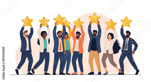 Enthusiastic business group celebrating success by holding up large gold rating stars to represent high quality and achievement.