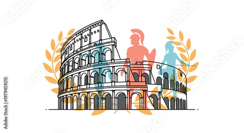 Artistic representation of the Roman Colosseum with gladiator silhouettes and laurel wreaths signifying history, culture, and power.