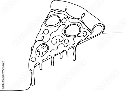A single line drawing representing a delicious slice of pepperoni pizza with melted cheese drip.
