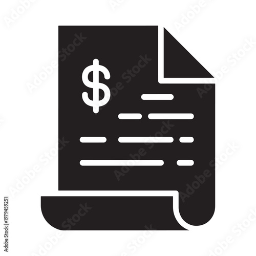 A simple black glyph depicting a document with a dollar sign on it