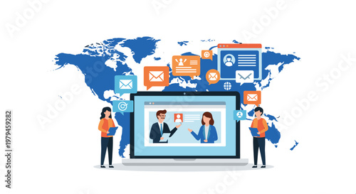 Global business communication concept with people appearing on a laptop screen for a video conference over a world map background.