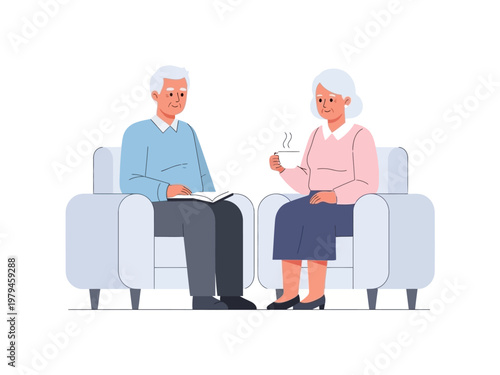 Elderly couple sitting on chairs, one holding a cup of tea, the other reading a book