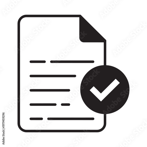 A black glyph depicting a document with checkmark representing approval