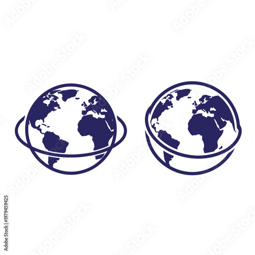 Two dark blue of the earth globe, one featuring a horizontal orbital ring and the other showing a partial circular frame, isolated on a white background