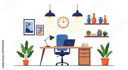 Organized home office setup with a wooden desk blue chair laptop lamp plants and wall decor creating a productive work environment.