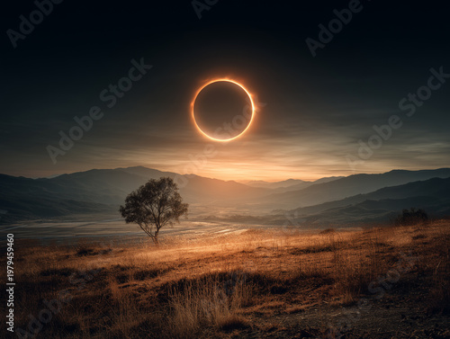 Dark solar eclipse ring over scenic mountain horizon