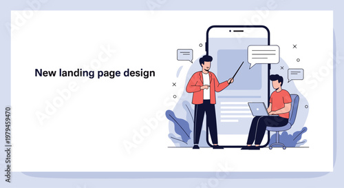 Two creative designers collaborate on a new mobile app landing page design in front of a giant smartphone screen.