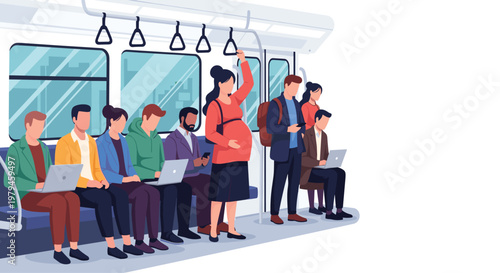 Diverse passengers travel on a subway train including a pregnant woman and commuters working on their laptops.