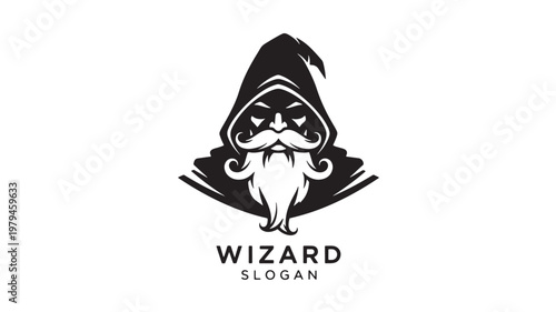 Wizard hat logo with beard and glowing eyes in black emblem style for gaming brand identity featuring magic, sorcery, badge with mascot and fantasy