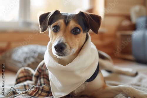 Dog Bandana Mockup Realistic Pet Wearing Blank Bandana Outdoor Lifestyle
