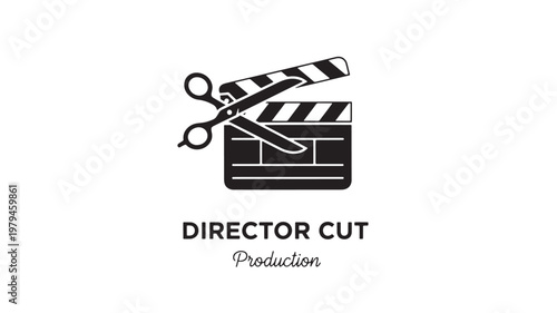 Clapperboard icon with scissors and striped film slate for director cut production logo concept featuring movie editing, editing tools, filmmaking