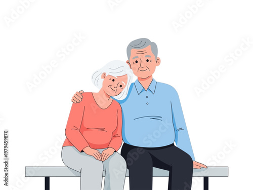 A heartwarming illustration capturing a tender moment between an elderly couple sharing a bench, embodying love and companionship