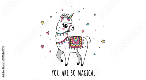 Magical white llama unicorn with a colorful saddle and necklaces surrounded by stars and hearts with you are so magical text below.
