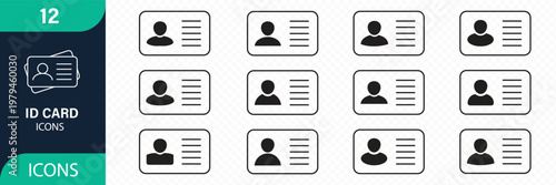 ID cards thin line icons set vector illustration. Outline badge with name  photo and information for identification of person  plastic document for user identity and verification  camera scan