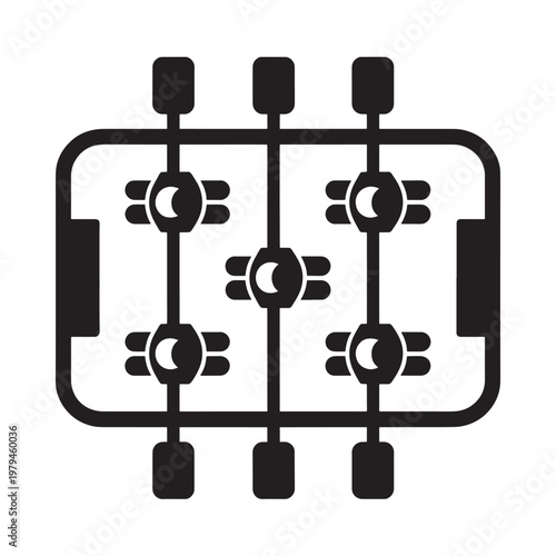 A black and white illustration depicting a foosball table viewed from above