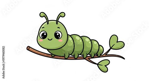 Cute cartoon caterpillar crawling on a branch with leaves.