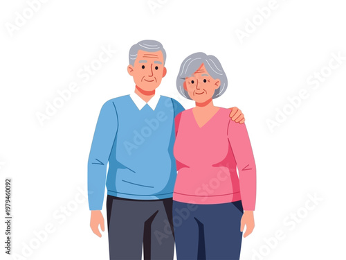 Elderly couple standing together, embracing, representing love and companionship in later years