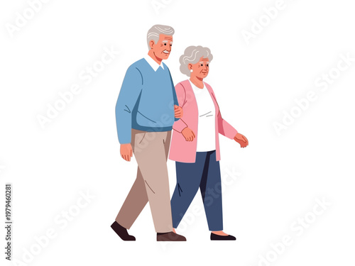 Elderly Couple Walking Arm in Arm Together on a White Background, Depicting Companionship and a Healthy Lifestyle