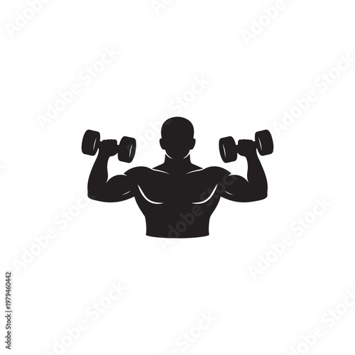 A muscular man lifting dumbbells in a powerful pose ideal for fitness graphics on transparent background silhouette