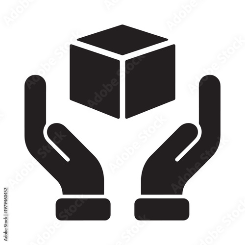 Hands carefully cradling a black cube representing fragility or protection