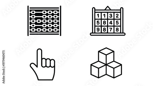 Math Concepts Illustrations: A minimalist collection of math-related icons, each meticulously crafted to represent fundamental mathematical concepts, perfect for educational content.