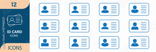 ID cards thin line icons set vector illustration. Outline badge with name  photo and information for identification of person  plastic document for user identity and verification  camera scan