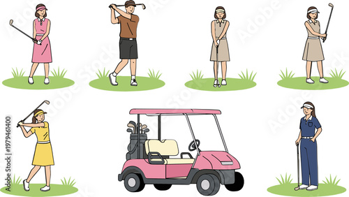 Female Golfer Illustration Set with Golf Cart, Golf Swing, and Golf Course Elements for Sports, Recreation, and Leisure Designs