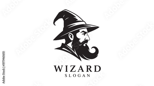 Wizard head logo with black hat and beard in a clean monochrome style for fantasy branding and identity designs