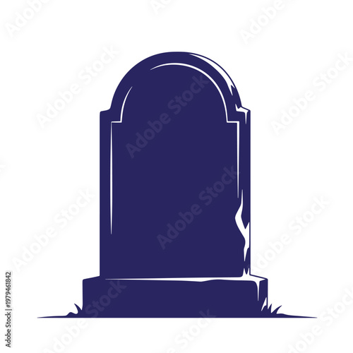 Dark blue tombstone, of a grave marker with grass, on white background, gravestone headstone monument