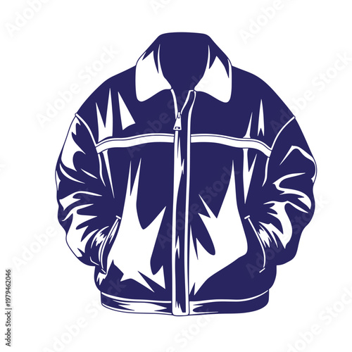 Dark blue zip-up jacket with collar and pockets, front view
