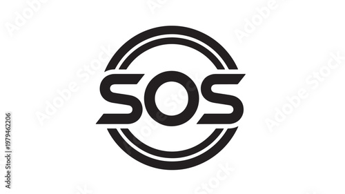 Logo SOS signal with bold SOS letters and circular arc lines in black and white for emergency communication branding