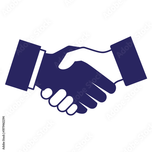 Handshake two hands shaking, navy blue on white background, agreement partnership business
