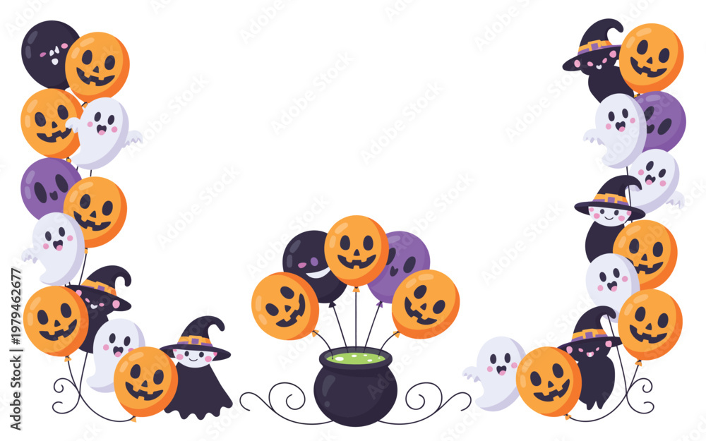 Obraz premium Halloween decorative border featuring pumpkins with faces ghosts witches design element flat design trick or treat halloween theme party invitation halloween decoration cauldron seasonal