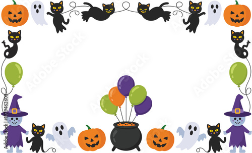 Happy halloween border frame with pumpkins cats ghosts scarecrows witch hat design element seasonal decoration party invitation halloween theme trick or treat flat design digital