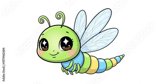 Cute cartoon bee with big eyes and wings.