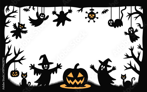 Halloween silhouette border with witches ghosts spiders jack-o'-lantern trick or treat halloween silhouette branches decoration illustration celebration background empty space template