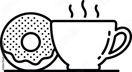 A simple black and white line art illustration featuring a fresh donut and a hot cup of coffee