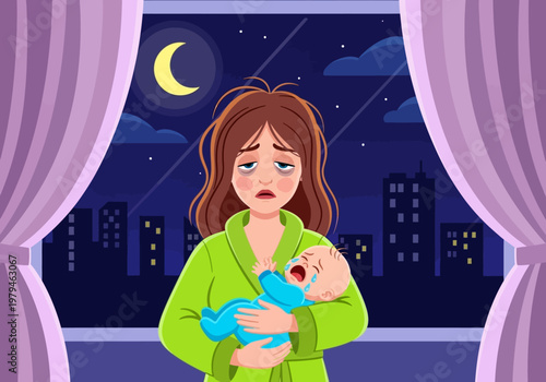 Exhausted Mother Holding Crying Baby at Night, Sleep Deprivation and Motherhood Burnout Concept Illustration